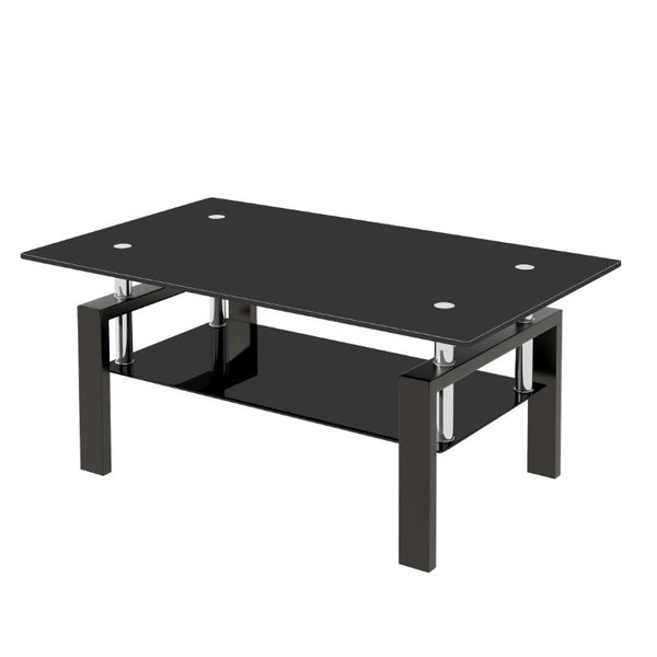 English Elm Tempered Black Glass Two Tier Coffee Table with Metal Frame for Modern Living Rooms W1718P508644