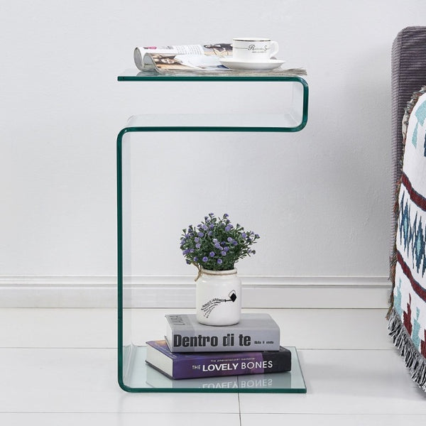 English Elm Glass S-Shaped Sculptural End Table Tempered Clear Top for Living Room or Bedroom W1718P566619