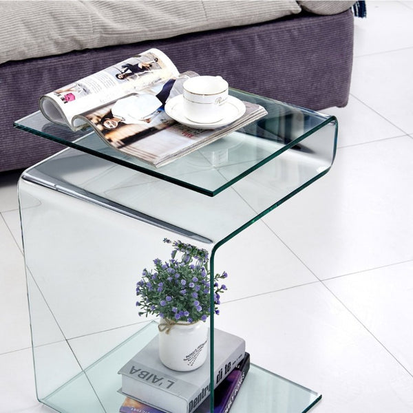 English Elm Glass S-Shaped Sculptural End Table Tempered Clear Top for Living Room or Bedroom W1718P566619