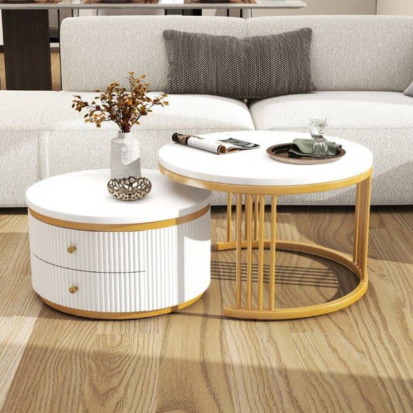 English Elm Round Nesting Coffee Table Set with Fluted White Top Gold Legs and Two Drawers W1727P523868