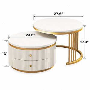 English Elm Round Nesting Coffee Table Set with Fluted White Top Gold Legs and Two Drawers W1727P523868