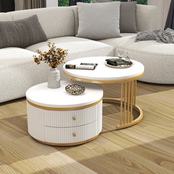 English Elm Round Nesting Coffee Table Set with Fluted White Top Gold Legs and Two Drawers W1727P523868