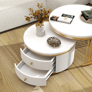 English Elm Round Nesting Coffee Table Set with Fluted White Top Gold Legs and Two Drawers W1727P523868
