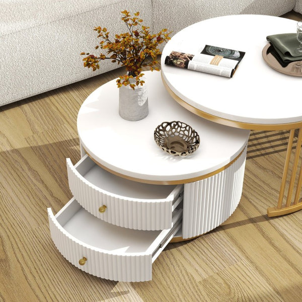 English Elm Round Nesting Coffee Table Set with Fluted White Top Gold Legs and Two Drawers W1727P523868
