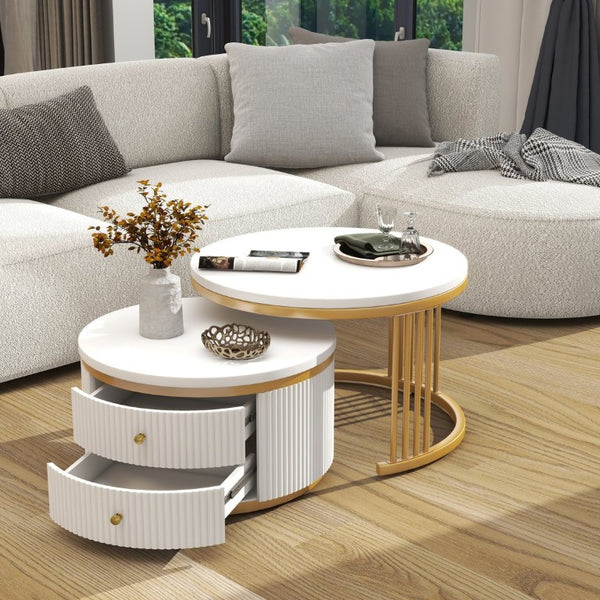 English Elm Round Nesting Coffee Table Set with Fluted White Top Gold Legs and Two Drawers W1727P523868
