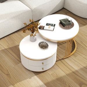 English Elm Round Nesting Coffee Table Set with Fluted White Top Gold Legs and Two Drawers W1727P523868