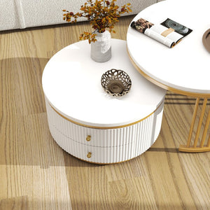 English Elm Round Nesting Coffee Table Set with Fluted White Top Gold Legs and Two Drawers W1727P523868