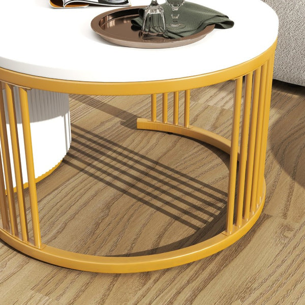 English Elm Round Nesting Coffee Table Set with Fluted White Top Gold Legs and Two Drawers W1727P523868