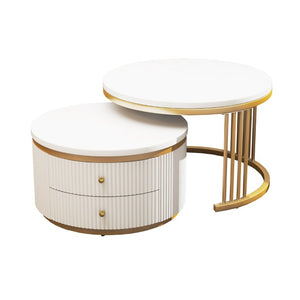 English Elm Round Nesting Coffee Table Set with Fluted White Top Gold Legs and Two Drawers W1727P523868