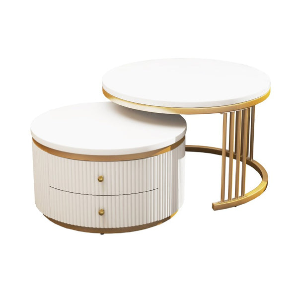 English Elm Round Nesting Coffee Table Set with Fluted White Top Gold Legs and Two Drawers W1727P523868