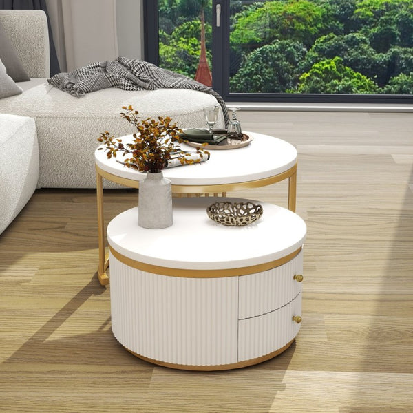 English Elm Round Nesting Coffee Table Set with Fluted White Top Gold Legs and Two Drawers W1727P523868