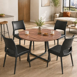 English Elm 43.3-Inch Round Dining Set Five Piece Mid-Century Table with Metal Base and PU Leather Chairs Walnut Black W1727S00103