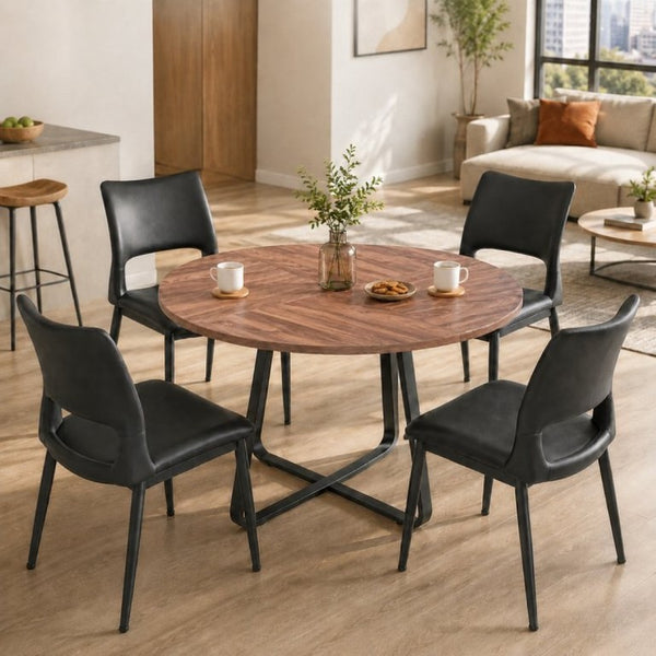 English Elm 43.3-Inch Round Dining Set Five Piece Mid-Century Table with Metal Base and PU Leather Chairs Walnut Black W1727S00103