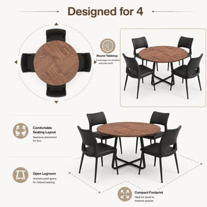 English Elm 43.3-Inch Round Dining Set Five Piece Mid-Century Table with Metal Base and PU Leather Chairs Walnut Black W1727S00103