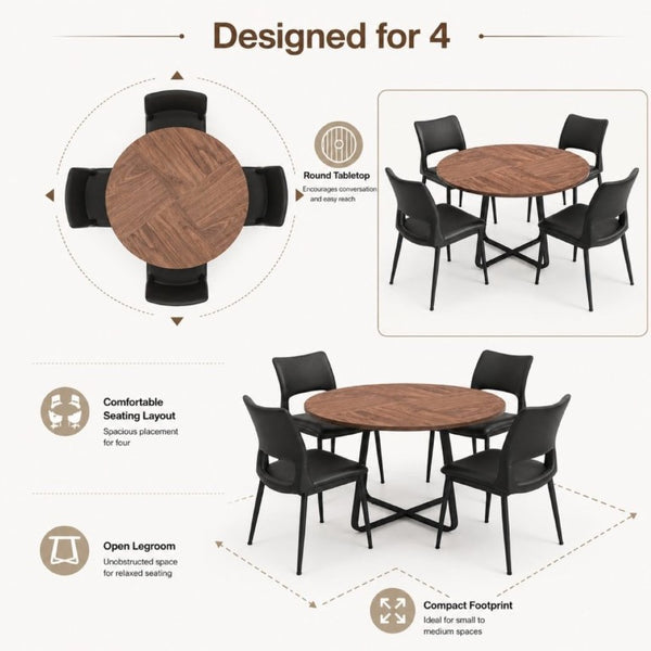 English Elm 43.3-Inch Round Dining Set Five Piece Mid-Century Table with Metal Base and PU Leather Chairs Walnut Black W1727S00103