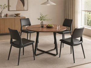 English Elm 43.3-Inch Round Dining Set Five Piece Mid-Century Table with Metal Base and PU Leather Chairs Walnut Black W1727S00103