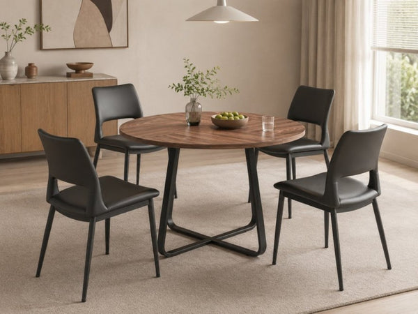 English Elm 43.3-Inch Round Dining Set Five Piece Mid-Century Table with Metal Base and PU Leather Chairs Walnut Black W1727S00103