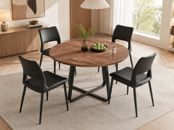 English Elm 43.3-Inch Round Dining Set Five Piece Mid-Century Table with Metal Base and PU Leather Chairs Walnut Black W1727S00103