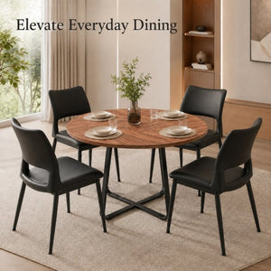 English Elm 43.3-Inch Round Dining Set Five Piece Mid-Century Table with Metal Base and PU Leather Chairs Walnut Black W1727S00103