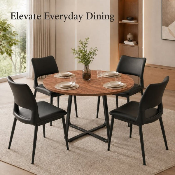 English Elm 43.3-Inch Round Dining Set Five Piece Mid-Century Table with Metal Base and PU Leather Chairs Walnut Black W1727S00103