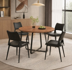 English Elm 43.3-Inch Round Dining Set Five Piece Mid-Century Table with Metal Base and PU Leather Chairs Walnut Black W1727S00103