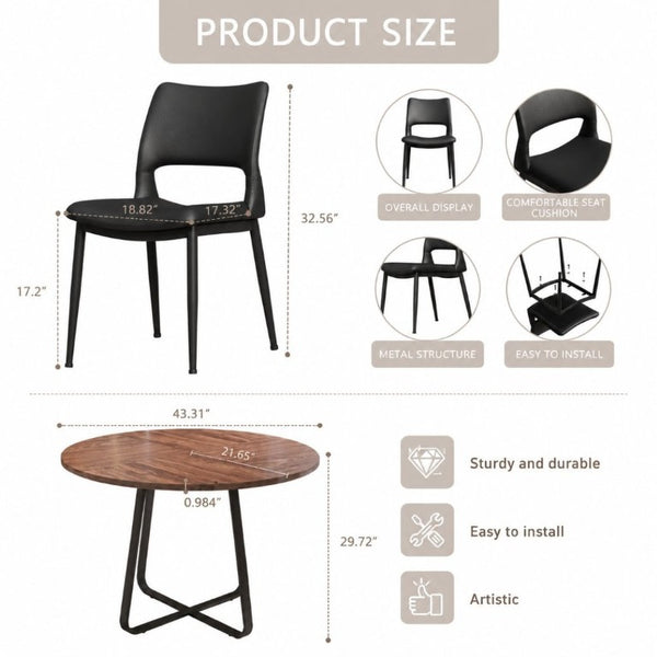 English Elm 43.3-Inch Round Dining Set Five Piece Mid-Century Table with Metal Base and PU Leather Chairs Walnut Black W1727S00103