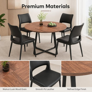 English Elm 43.3-Inch Round Dining Set Five Piece Mid-Century Table with Metal Base and PU Leather Chairs Walnut Black W1727S00103