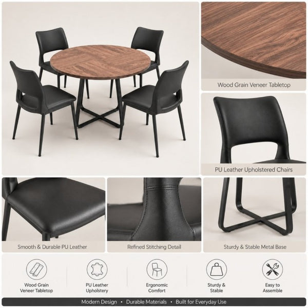 English Elm 43.3-Inch Round Dining Set Five Piece Mid-Century Table with Metal Base and PU Leather Chairs Walnut Black W1727S00103