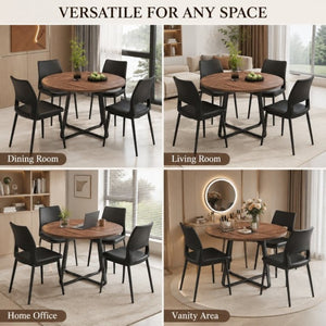 English Elm 43.3-Inch Round Dining Set Five Piece Mid-Century Table with Metal Base and PU Leather Chairs Walnut Black W1727S00103