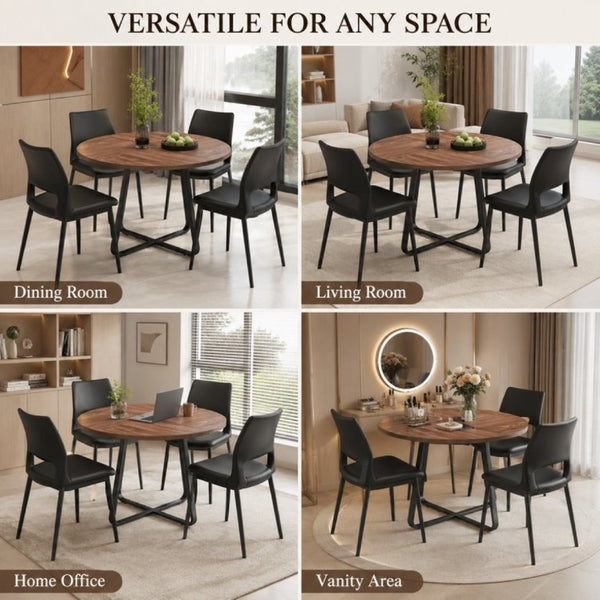 English Elm 43.3-Inch Round Dining Set Five Piece Mid-Century Table with Metal Base and PU Leather Chairs Walnut Black W1727S00103