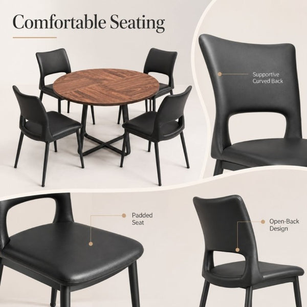 English Elm 43.3-Inch Round Dining Set Five Piece Mid-Century Table with Metal Base and PU Leather Chairs Walnut Black W1727S00103