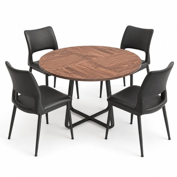 English Elm 43.3-Inch Round Dining Set Five Piece Mid-Century Table with Metal Base and PU Leather Chairs Walnut Black W1727S00103
