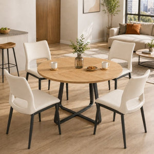 English Elm 43.3-Inch Round Dining Set Five Piece Mid-Century Table with Metal Base and PU Leather Chairs Wood White W1727S00104