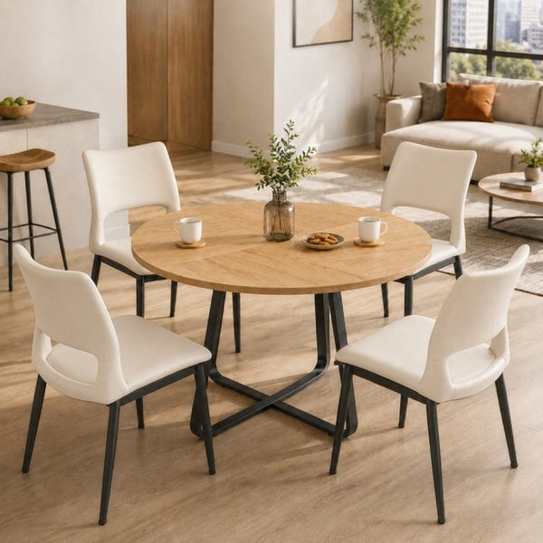 English Elm 43.3-Inch Round Dining Set Five Piece Mid-Century Table with Metal Base and PU Leather Chairs Wood White W1727S00104