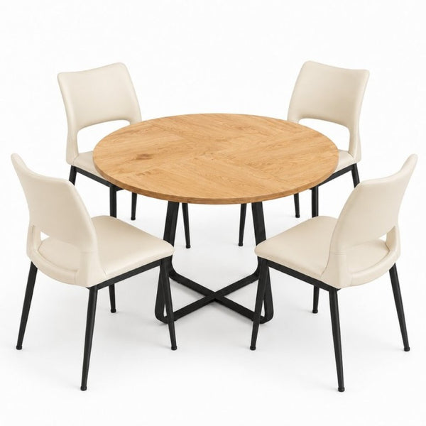 English Elm 43.3-Inch Round Dining Set Five Piece Mid-Century Table with Metal Base and PU Leather Chairs Wood White W1727S00104