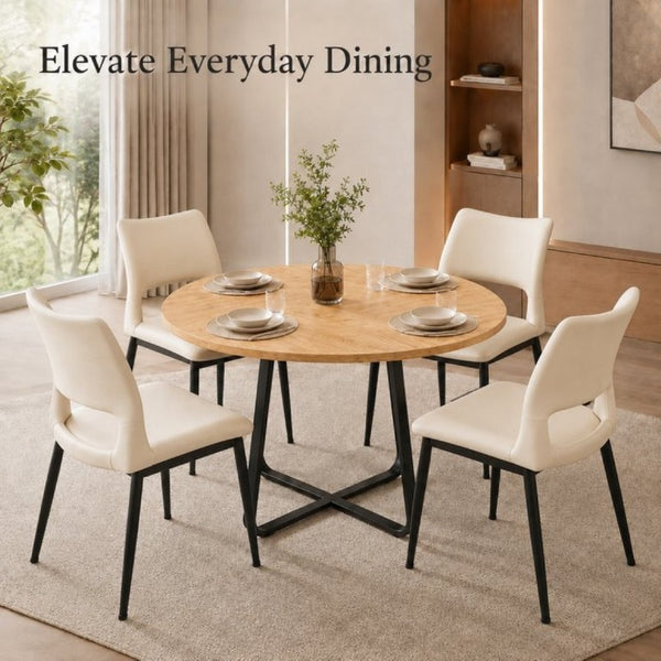 English Elm 43.3-Inch Round Dining Set Five Piece Mid-Century Table with Metal Base and PU Leather Chairs Wood White W1727S00104