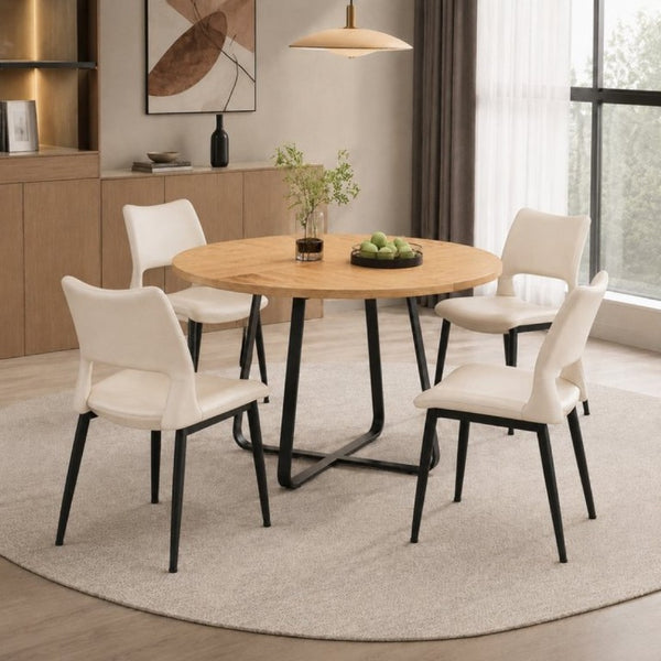 English Elm 43.3-Inch Round Dining Set Five Piece Mid-Century Table with Metal Base and PU Leather Chairs Wood White W1727S00104