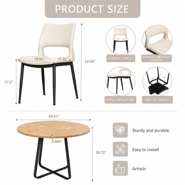 English Elm 43.3-Inch Round Dining Set Five Piece Mid-Century Table with Metal Base and PU Leather Chairs Wood White W1727S00104