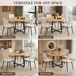 English Elm 43.3-Inch Round Dining Set Five Piece Mid-Century Table with Metal Base and PU Leather Chairs Wood White W1727S00104