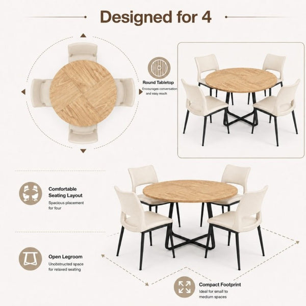 English Elm 43.3-Inch Round Dining Set Five Piece Mid-Century Table with Metal Base and PU Leather Chairs Wood White W1727S00104