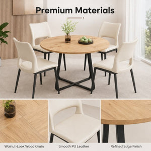 English Elm 43.3-Inch Round Dining Set Five Piece Mid-Century Table with Metal Base and PU Leather Chairs Wood White W1727S00104