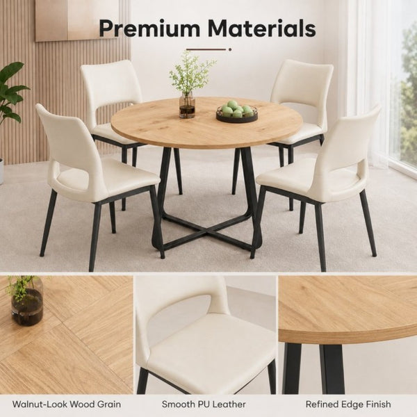 English Elm 43.3-Inch Round Dining Set Five Piece Mid-Century Table with Metal Base and PU Leather Chairs Wood White W1727S00104