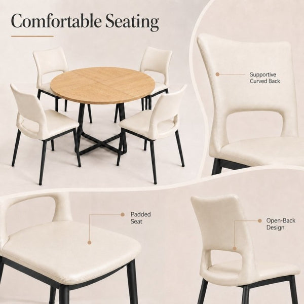 English Elm 43.3-Inch Round Dining Set Five Piece Mid-Century Table with Metal Base and PU Leather Chairs Wood White W1727S00104