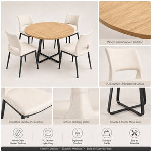 English Elm 43.3-Inch Round Dining Set Five Piece Mid-Century Table with Metal Base and PU Leather Chairs Wood White W1727S00104