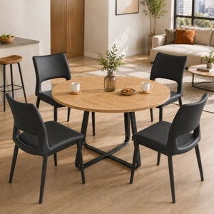 English Elm 43.3-Inch Round Dining Set Five Piece Mid-Century Table with Metal Base and PU Leather Chairs Wood Black W1727S00105