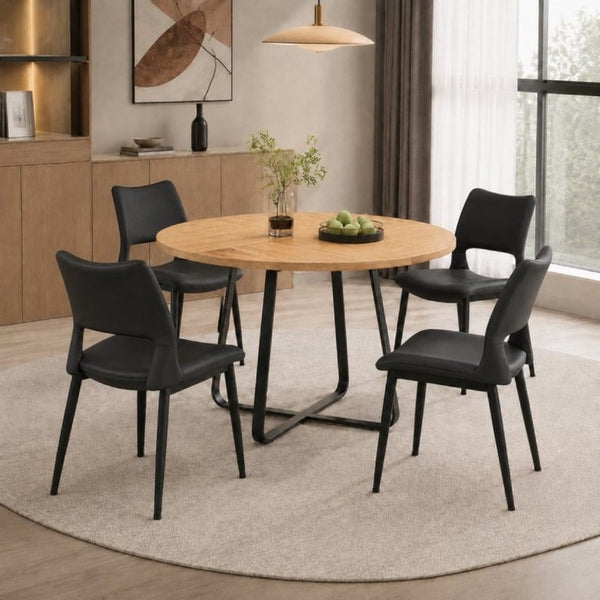 English Elm 43.3-Inch Round Dining Set Five Piece Mid-Century Table with Metal Base and PU Leather Chairs Wood Black W1727S00105