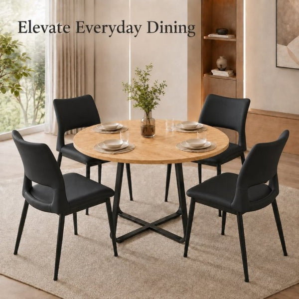 English Elm 43.3-Inch Round Dining Set Five Piece Mid-Century Table with Metal Base and PU Leather Chairs Wood Black W1727S00105