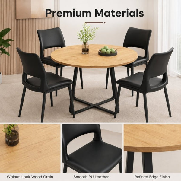 English Elm 43.3-Inch Round Dining Set Five Piece Mid-Century Table with Metal Base and PU Leather Chairs Wood Black W1727S00105