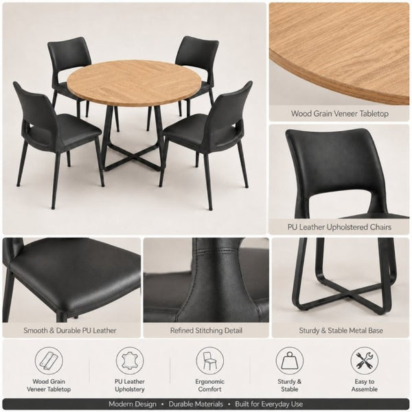 English Elm 43.3-Inch Round Dining Set Five Piece Mid-Century Table with Metal Base and PU Leather Chairs Wood Black W1727S00105