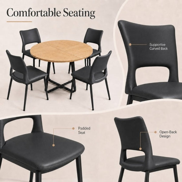 English Elm 43.3-Inch Round Dining Set Five Piece Mid-Century Table with Metal Base and PU Leather Chairs Wood Black W1727S00105